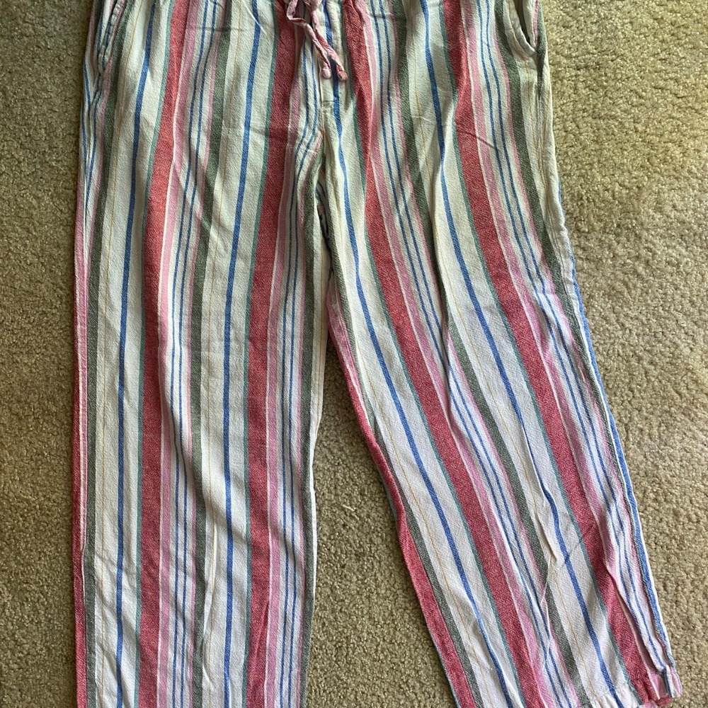 Old Navy Pants Sz L Multicolor Striped Linen Blend Drawstring Relaxed Beach Boho